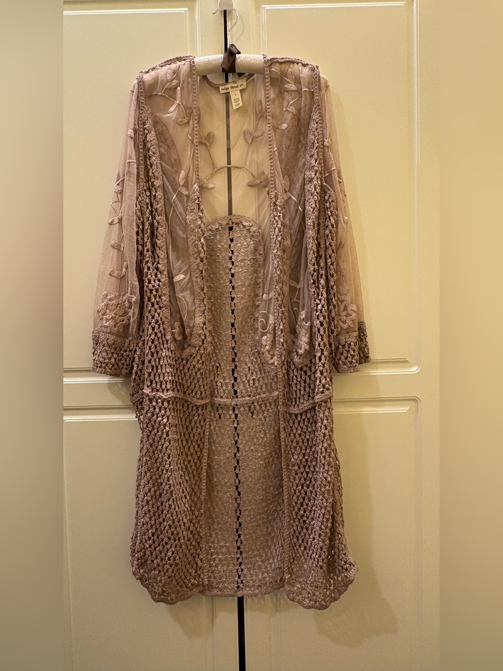 Indigo Thread Co Brown Crocheted Floral Lace Mesh Open Kimono Cardigan Plus 3X